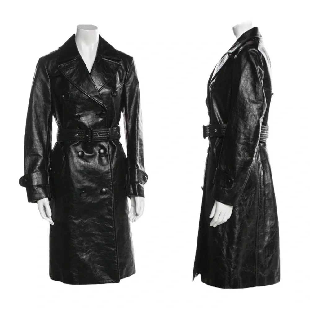 Burberry | NWT D-Ring Detail Crinkled Leather Trench Coat in Black - Size IT 42 - Picture 3 of 16